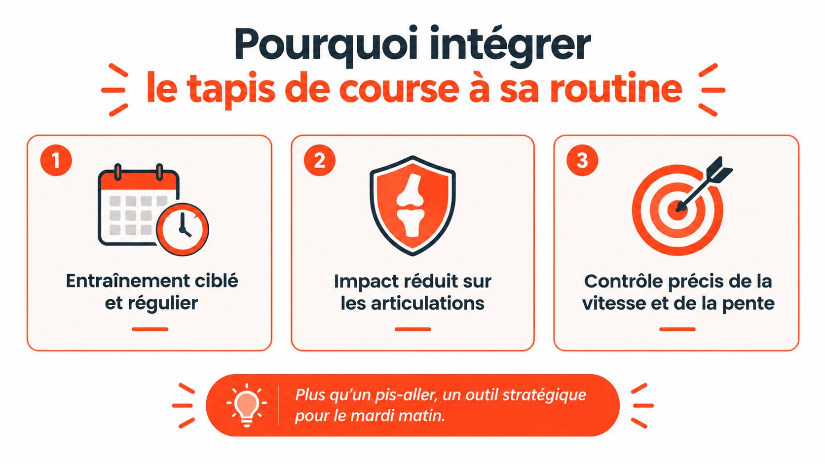 Une infographie montrant trois raisons clés d'intégrer le tapis de course dans sa routine d'entraînement sportive.