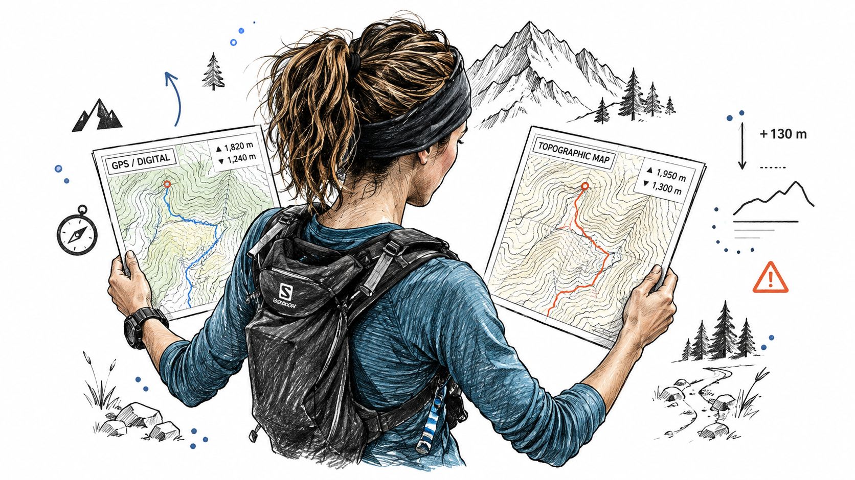 Une traileuse compare un itinéraire sur un appareil GPS et une carte topographique en montagne.
