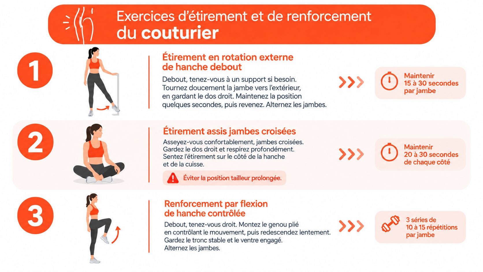 Illustration montrant trois exercices de physiothérapie pour étirer et renforcer le muscle couturier avec des instructions simples.
