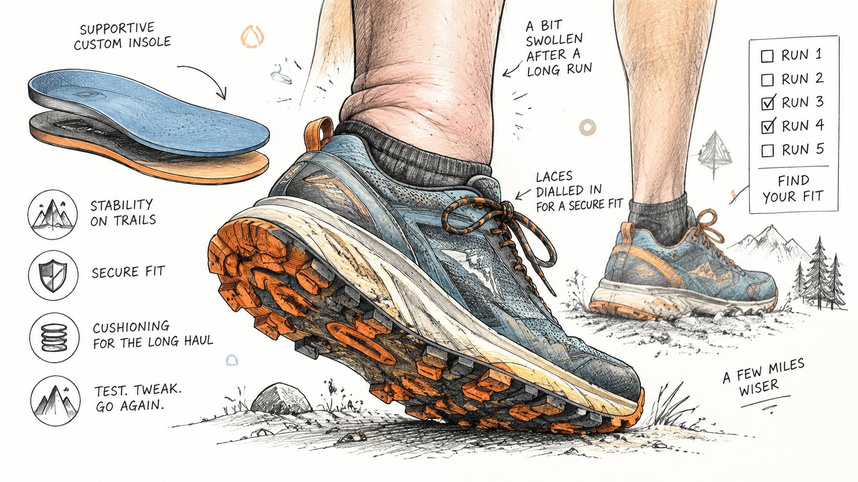 Une illustration montrant une chaussure de trail avec une semelle personnalisée et des détails sur le confort.