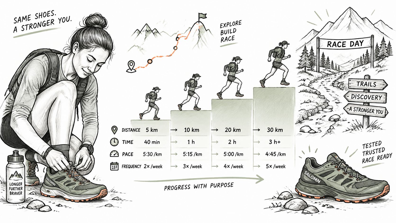 Une illustration montrant le progrès d'un coureur de trail avec des chaussures Salomon sur un graphique.