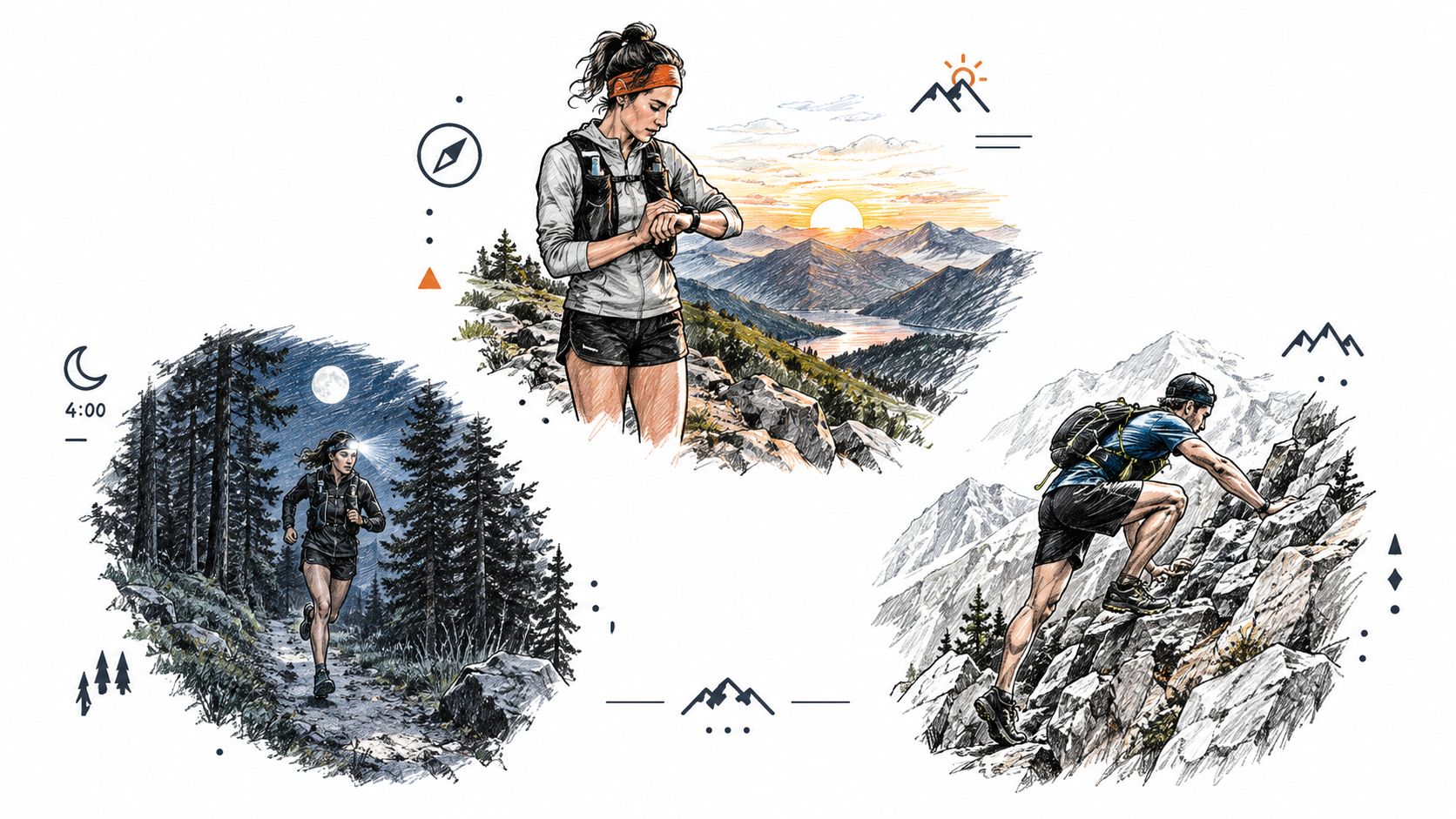 Une illustration artistique montrant des athlètes pratiquant le trail running dans différents environnements montagneux et horaires.