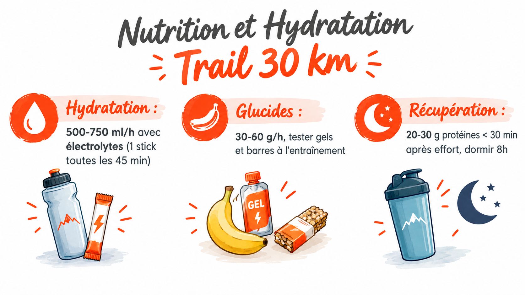 Infographie nutritionnelle illustrant les conseils d'hydratation, d'apport en glucides et de récupération pour un trail de 30 km.
