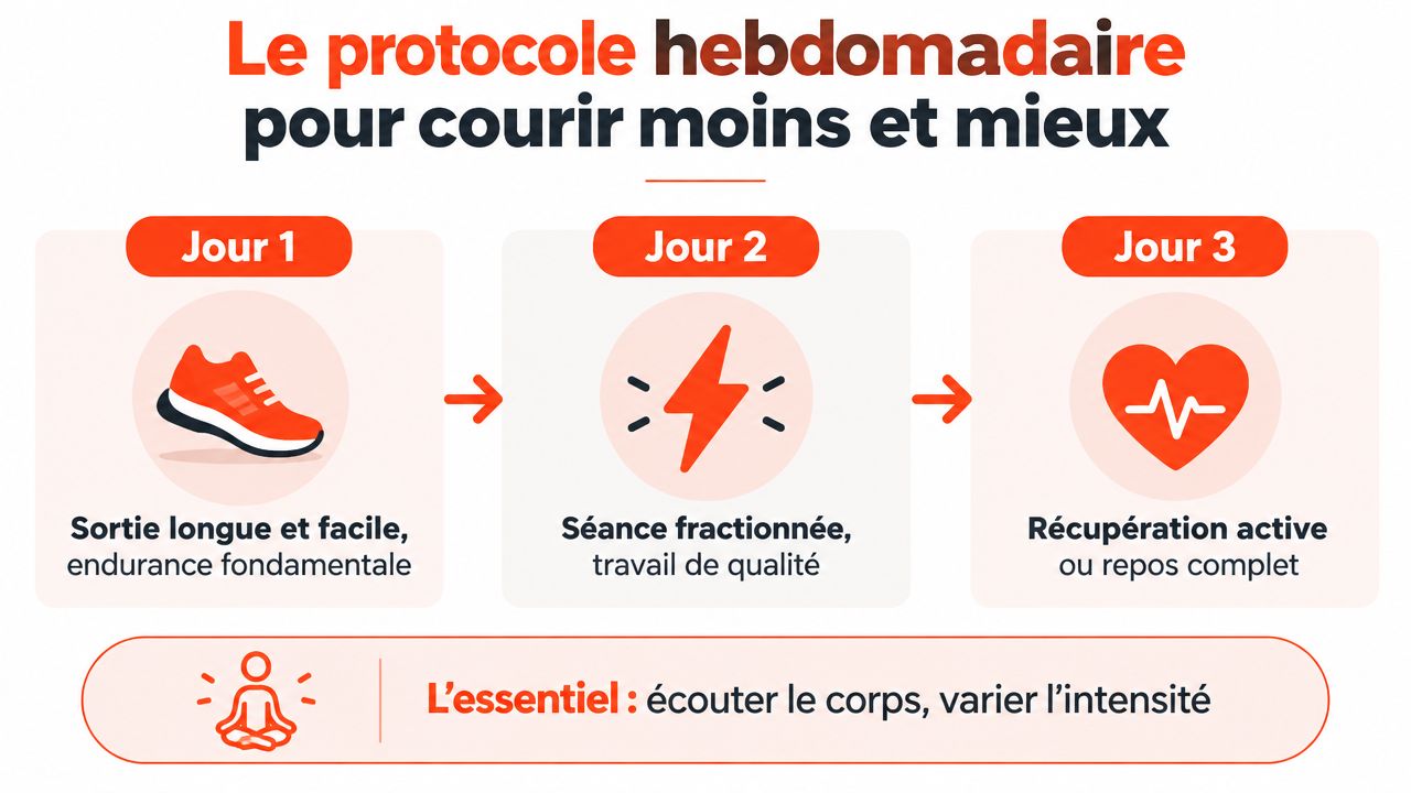Schéma illustrant un protocole hebdomadaire de course à pied composé de trois étapes pour courir efficacement.