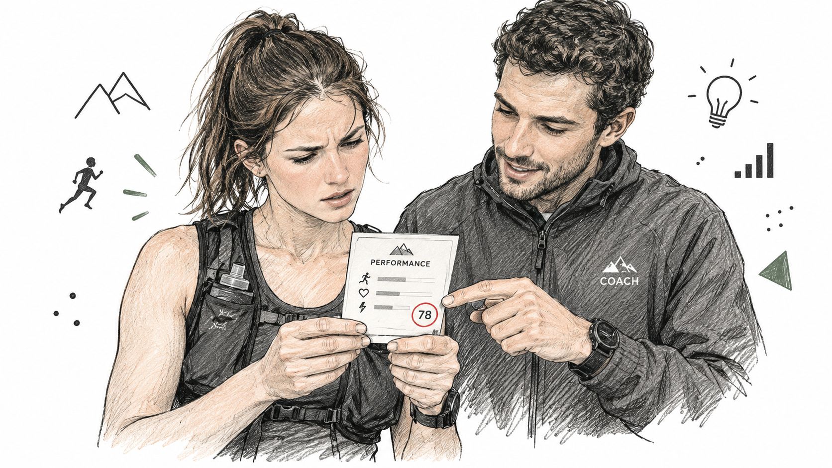 Un coach sportif montre les résultats de performance d'une coureuse de trail sur une application numérique.