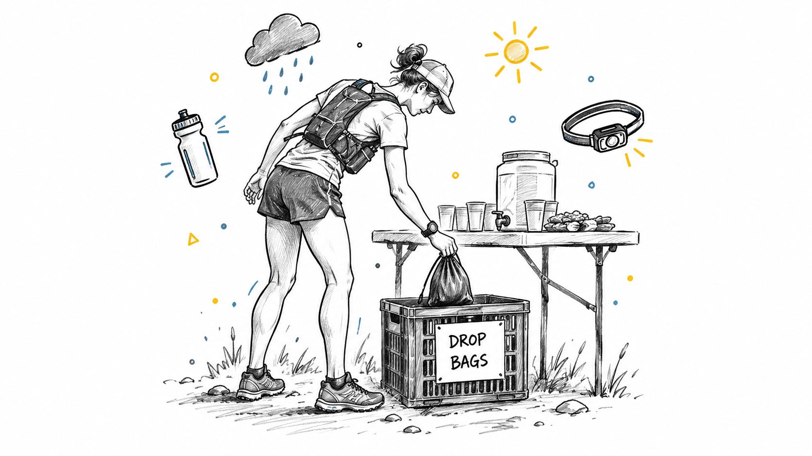 Une coureuse de trail récupère son sac de ravitaillement à une table d'assistance lors d'une course longue.
