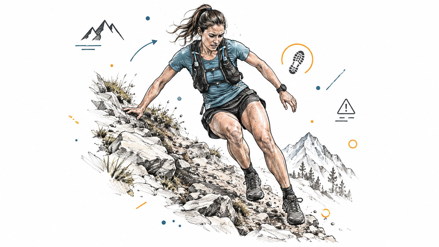 Une athlète courant sur un sentier rocheux en montagne, illustrant la préparation physique pour le trail running.
