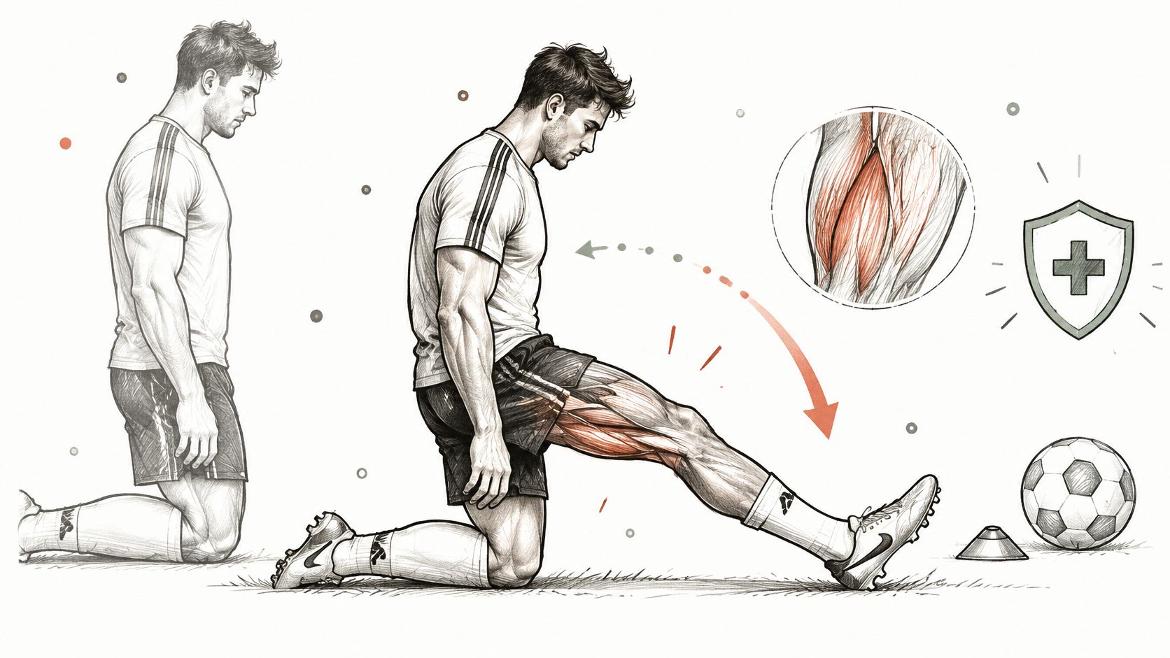 Un athlète effectue un étirement des muscles ischio-jambiers à genoux pour prévenir les blessures sportives lors de l'entraînement.