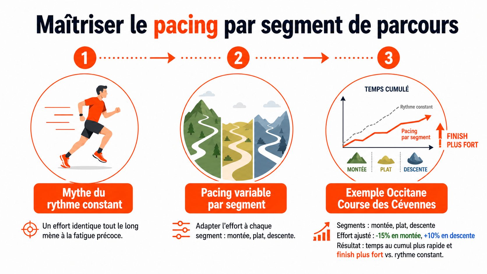 Infographie montrant comment optimiser le pacing en course à pied pour mieux gérer ses segments de parcours.