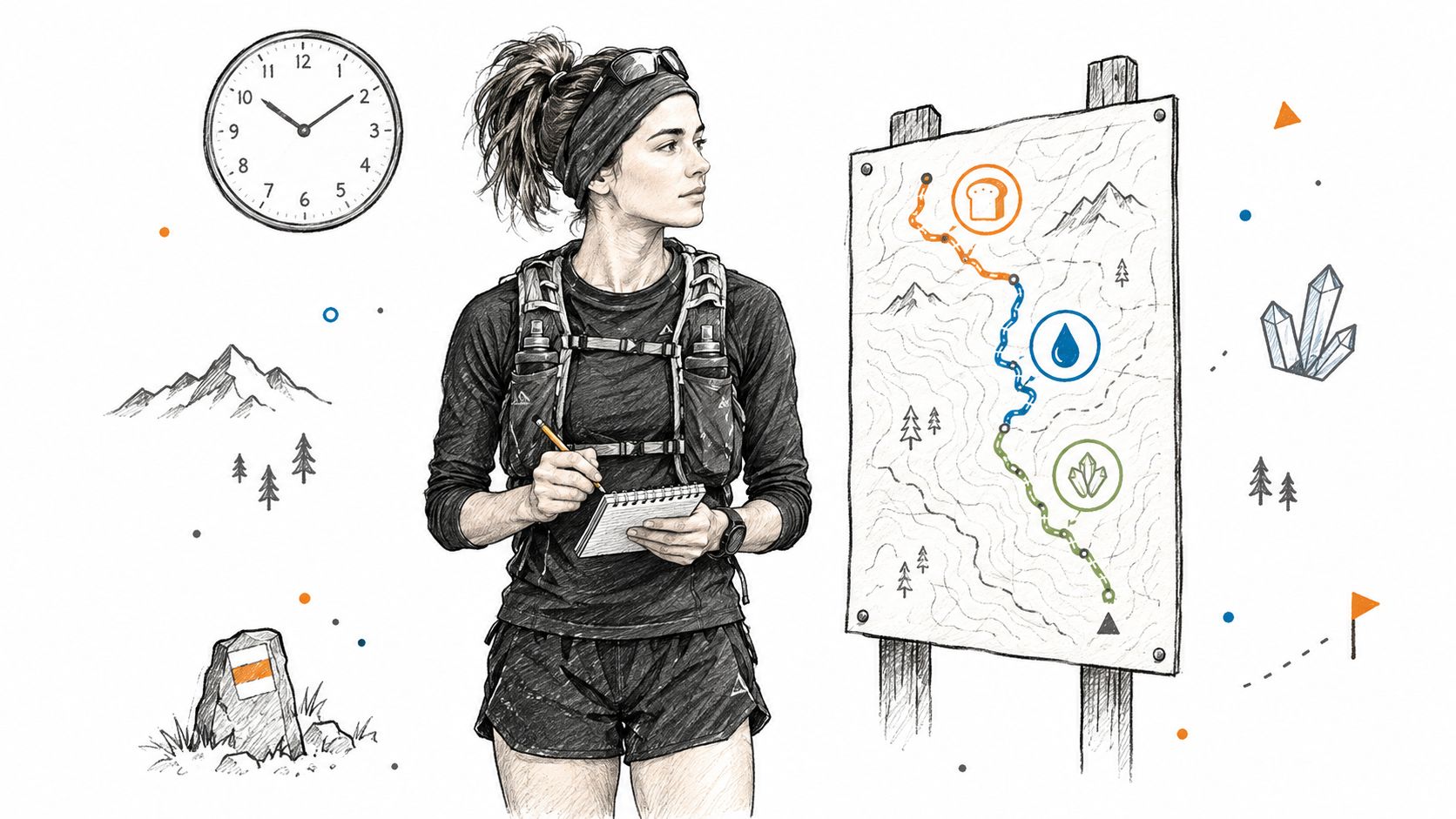 Une coureuse de trail planifie son parcours sur une carte tout en prenant des notes personnelles.