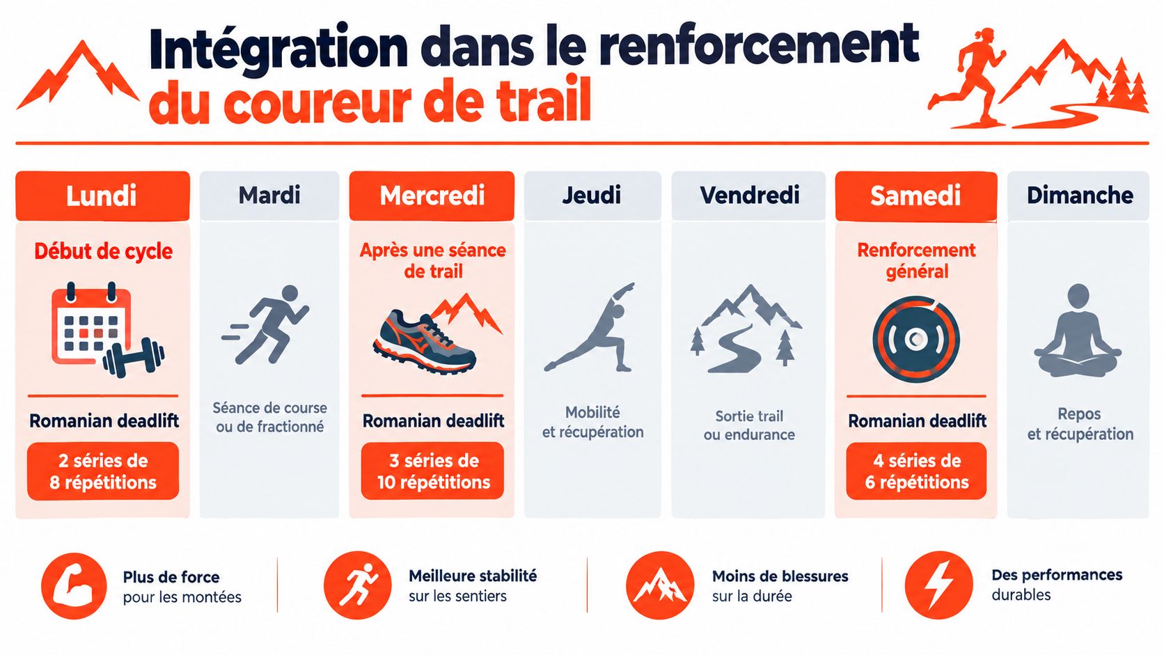Un calendrier hebdomadaire illustrant un programme de renforcement physique avec du soulevé de terre pour les coureurs.