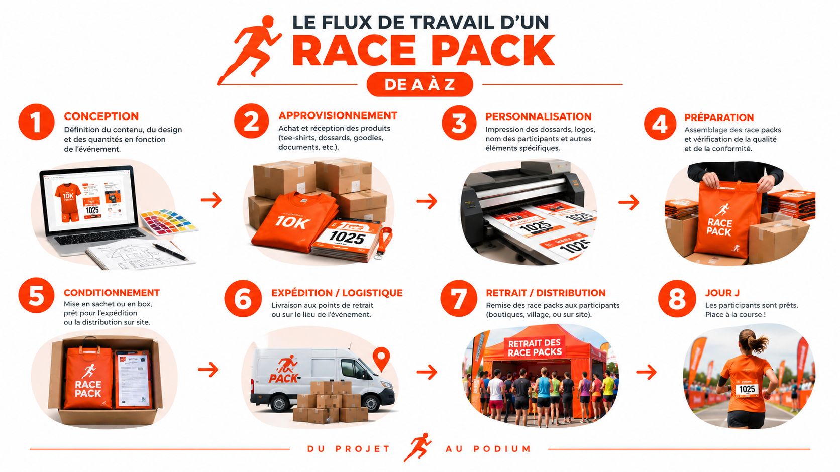 Infographie illustrant les huit étapes clés du flux de travail pour la préparation d'un kit de course.
