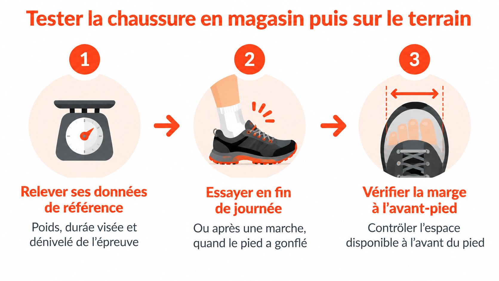 Une infographie en trois étapes conseillant comment choisir ses chaussures de randonnée ou de trail en magasin.
