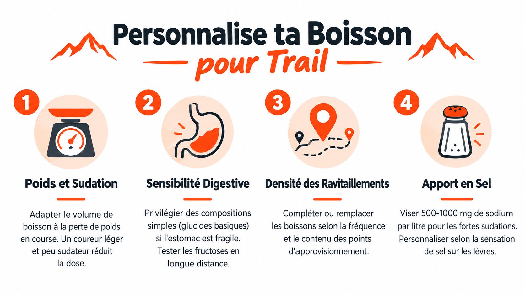 Infographie illustrant quatre conseils pour personnaliser sa boisson énergétique lors d'une course de trail en extérieur.