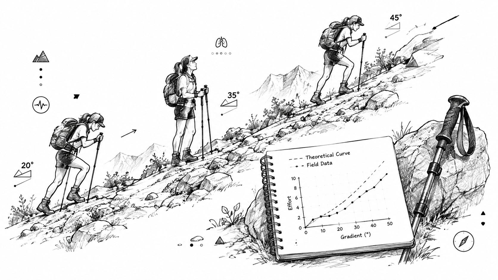 Illustration montrant une randonneuse sur des pentes variées avec un graphique d'effort en fonction du dénivelé.