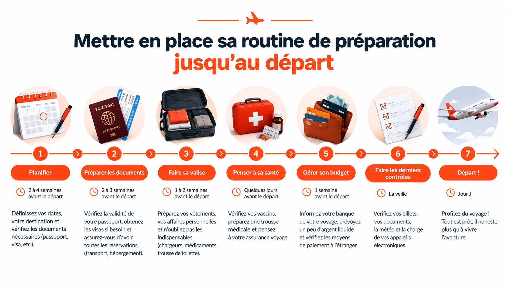 Une infographie étape par étape illustrant la routine de préparation avant un voyage, du plan au départ.