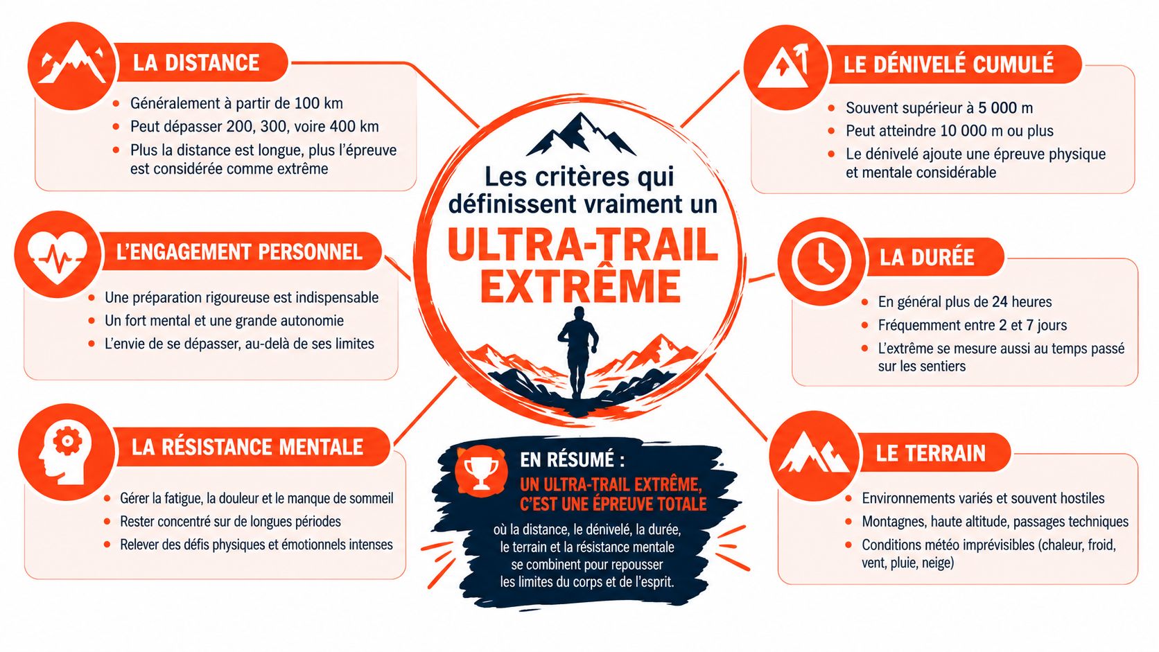 Infographie présentant les critères définissant un ultra-trail extrême, incluant distance, dénivelé, durée, terrain et préparation mentale.