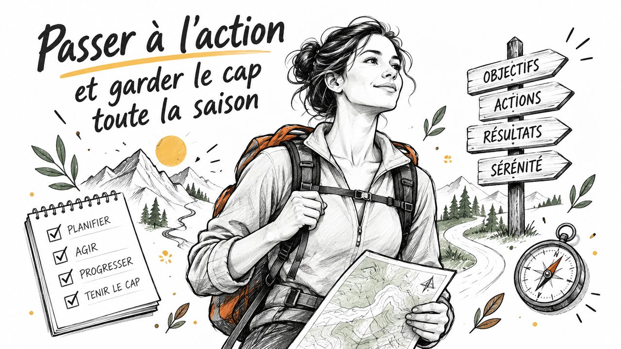 Une femme randonneuse regarde vers l'avenir, entourée d'outils de planification, d'une boussole et de panneaux directionnels.