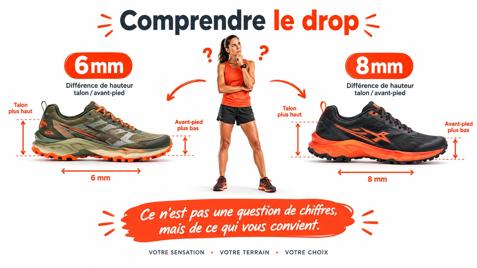 Une infographie expliquant le drop des chaussures de running avec une coureuse choisissant entre 6mm et 8mm.