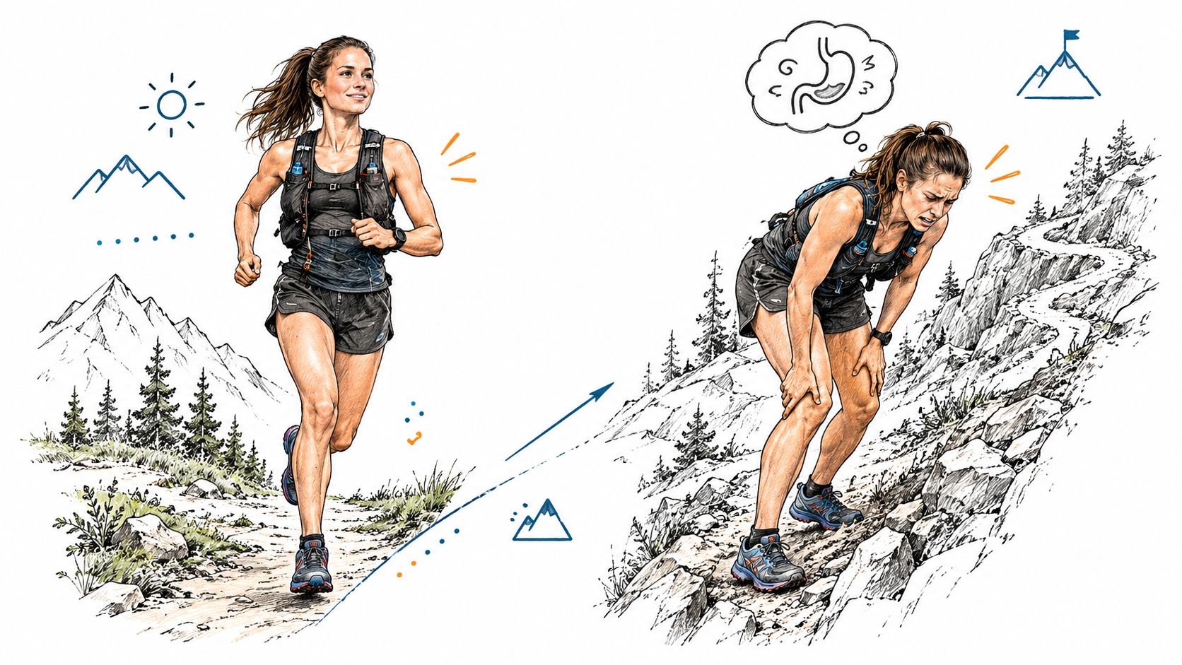 Une traileuse court joyeusement, puis lutte en montée avec des maux d'estomac lors d'une randonnée en montagne.