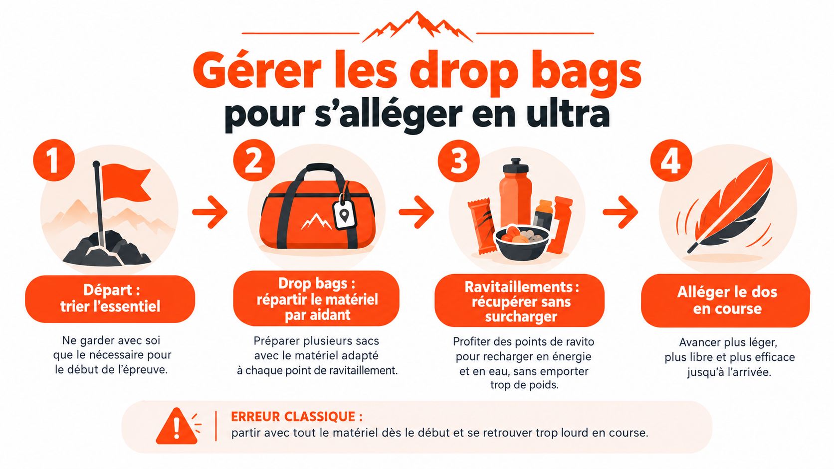 Infographie illustrant les quatre étapes pour optimiser ses sacs de ravitaillement lors d'une course ultra-trail.
