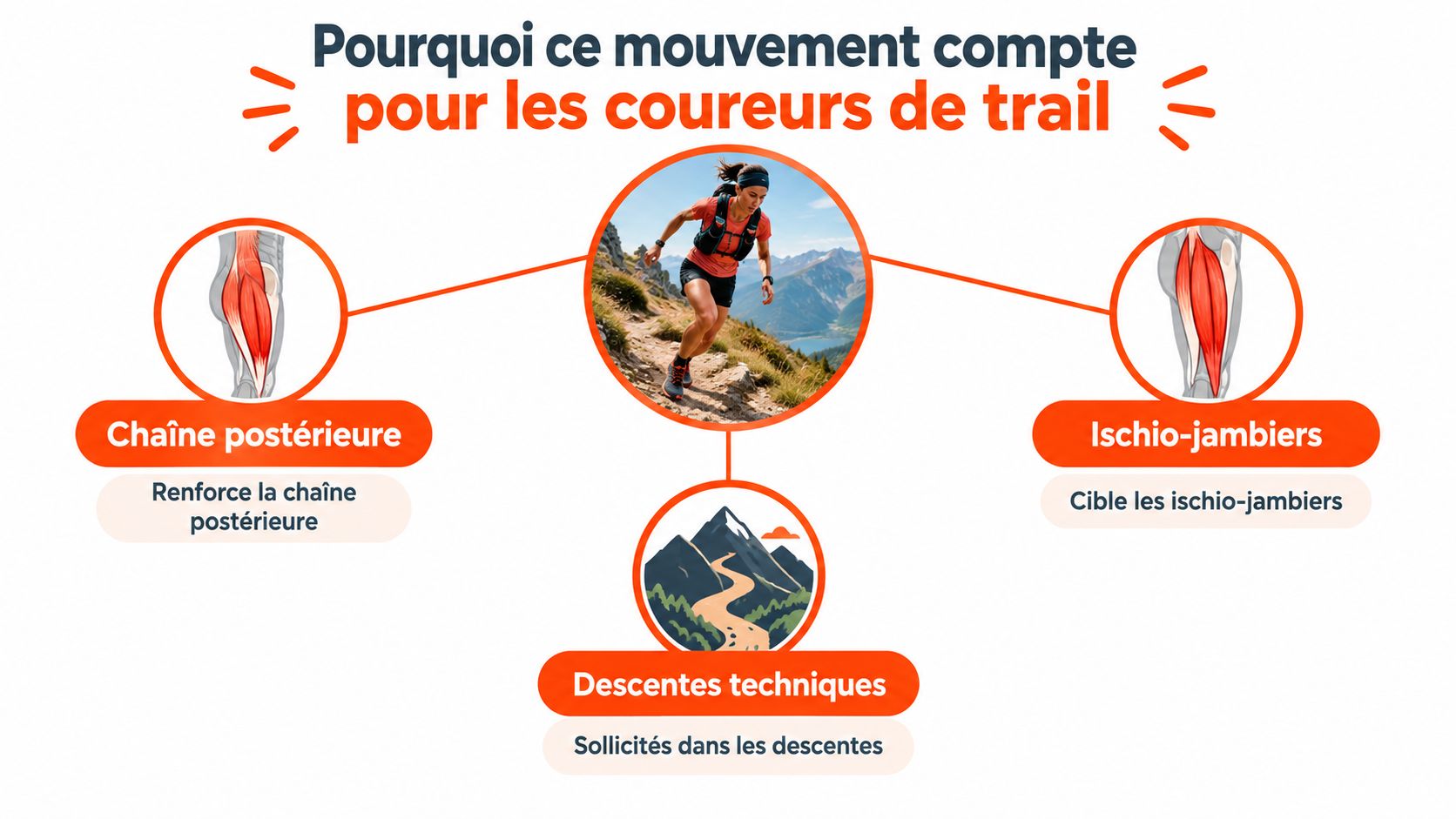 Illustration montrant les bénéfices du soulevé de terre jambes tendues pour les muscles et la course trail.