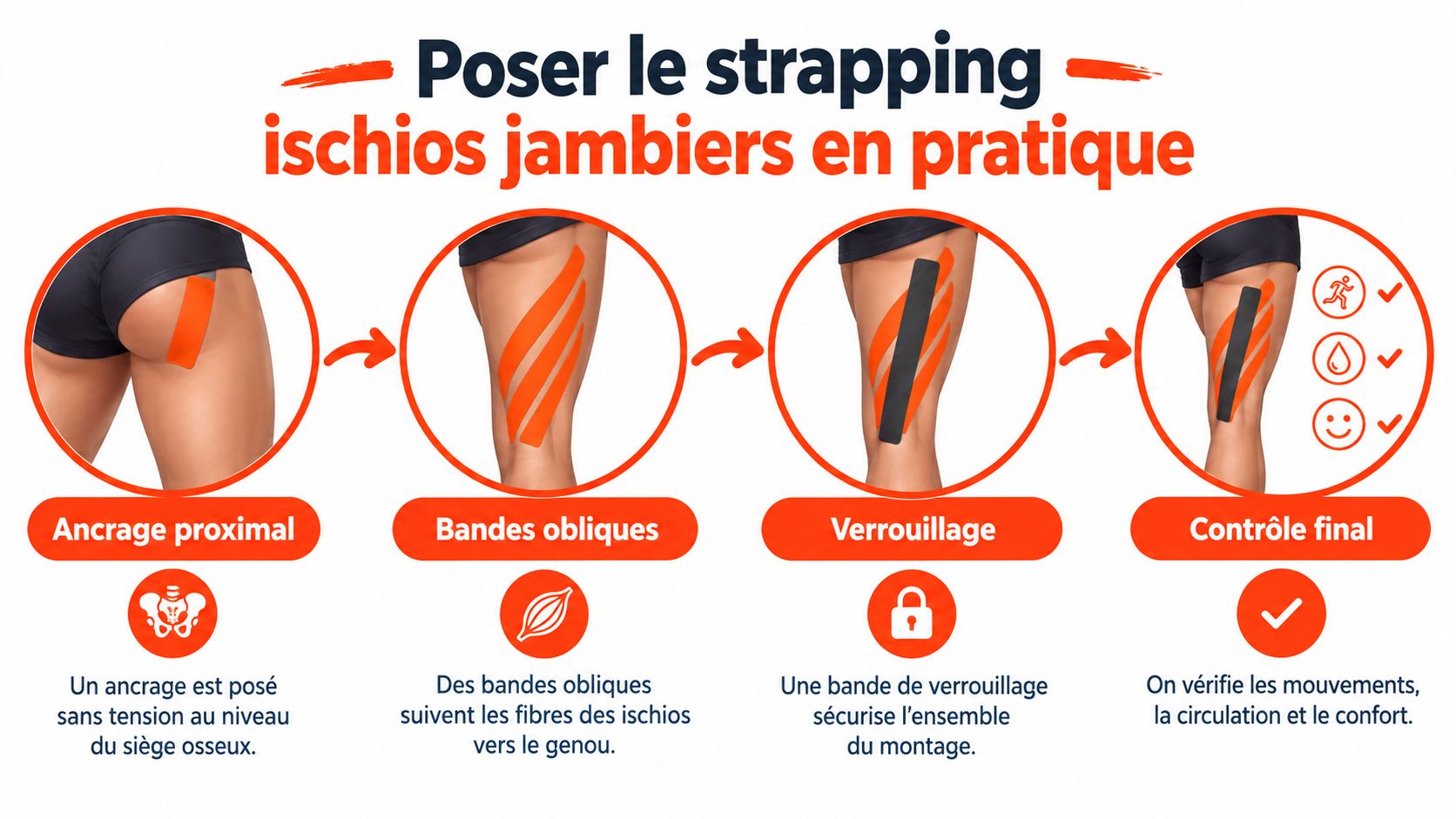 Guide illustré en quatre étapes pour poser des bandes de strapping sur les muscles ischio-jambiers.