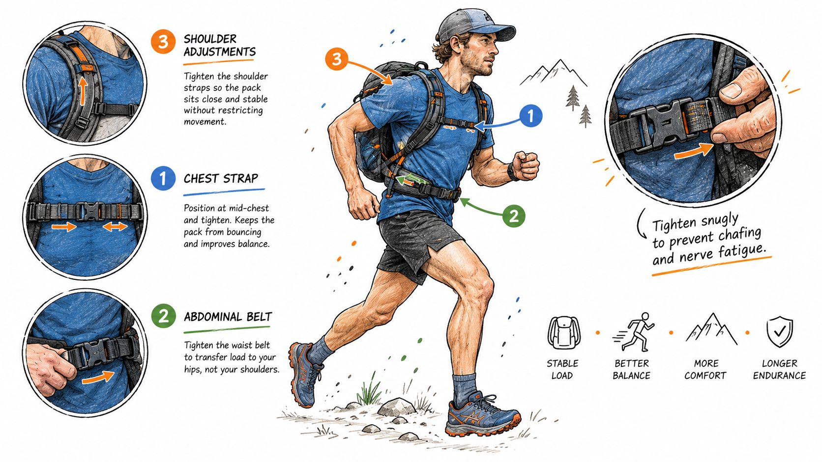 Illustration montrant comment ajuster correctement un sac à dos de course pour plus de confort et stabilité.