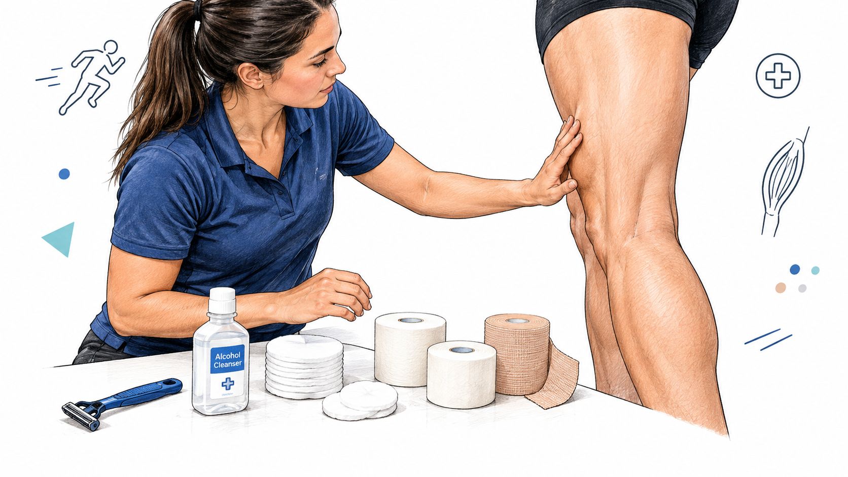 Une kinésithérapeute prépare le matériel médical avant de poser un bandage de soutien sur la cuisse d'un athlète.