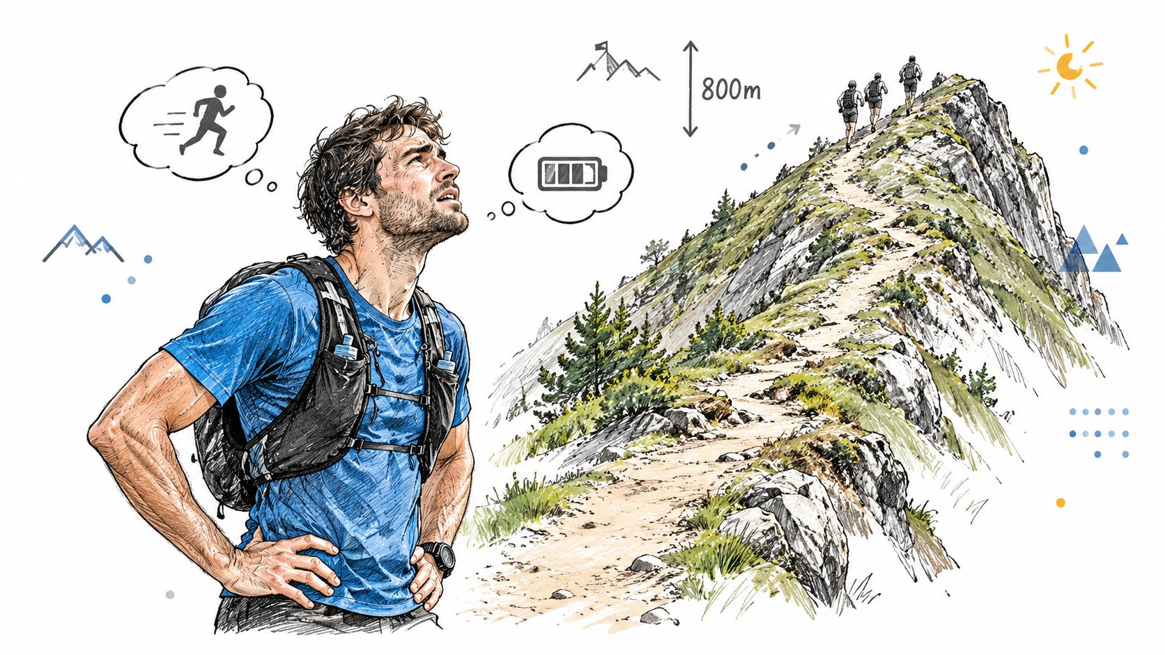 Coureur de trail épuisé regardant une montagne raide avec un dénivelé important avant de poursuivre son ascension.