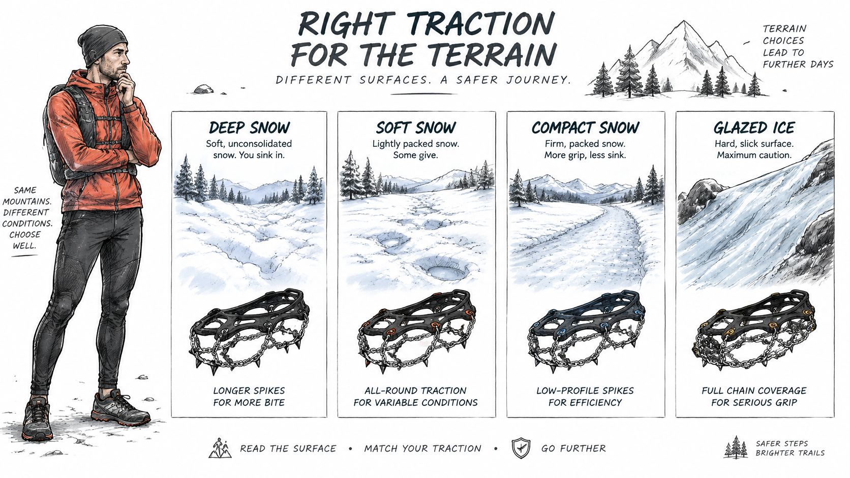 Une infographie montrant différents types de crampons pour chaussures de trail selon les conditions de terrain enneigé.