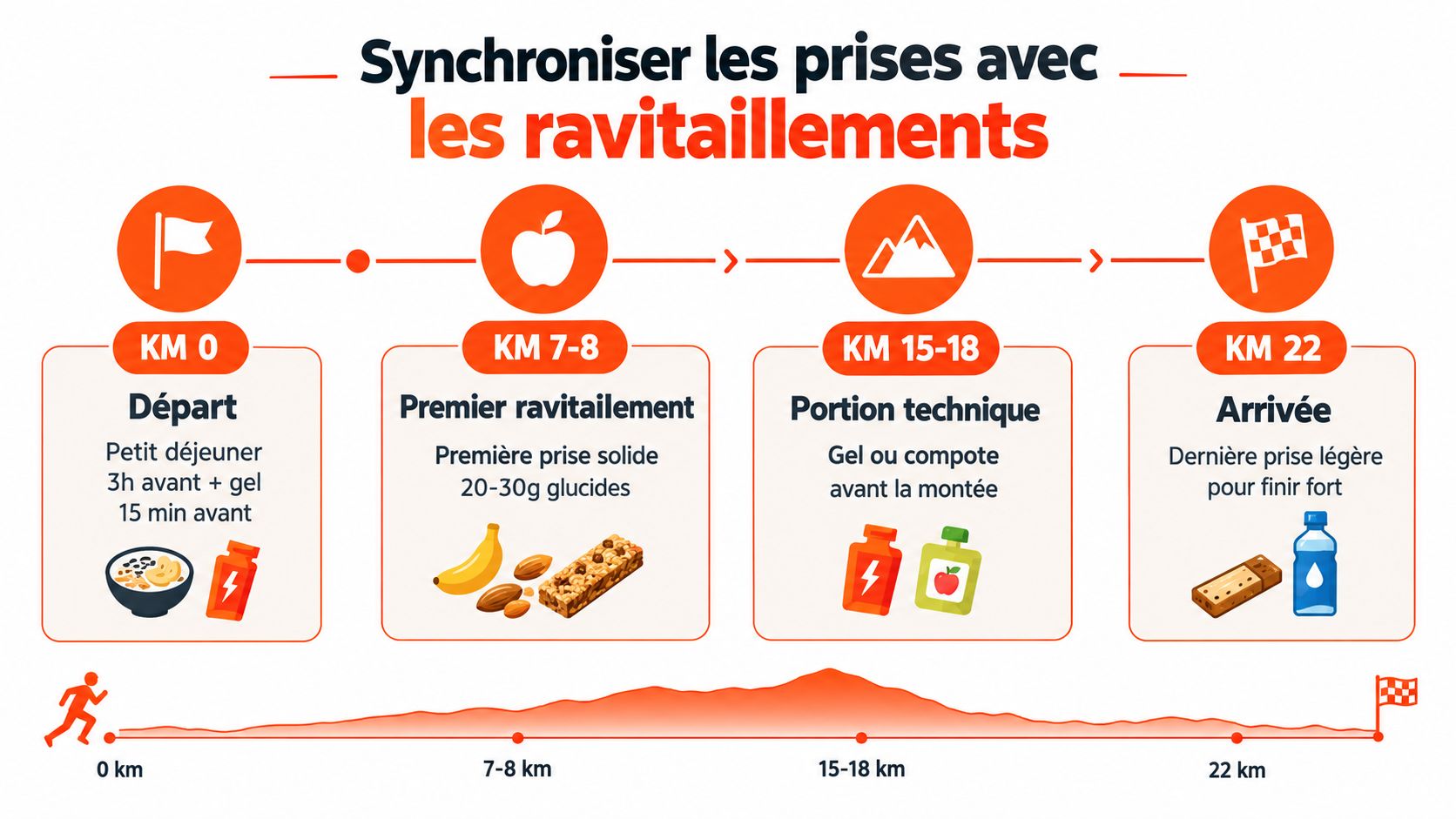 Infographie détaillant un plan de nutrition stratégique pour les coureurs de trail sur une distance de 22 km.