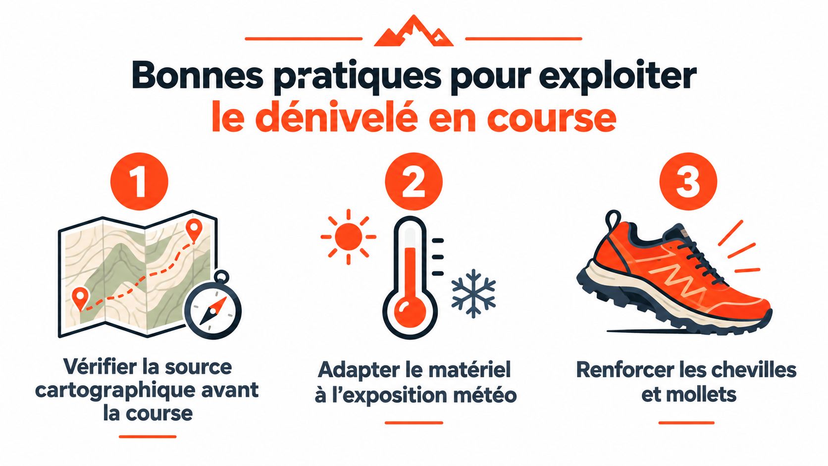 Une infographie présentant trois conseils essentiels pour la course en dénivelé avec des illustrations explicites.
