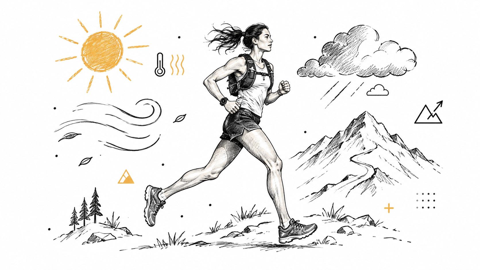 Une femme coureuse de trail en pleine course avec des icônes illustrant les conditions météorologiques et le relief.