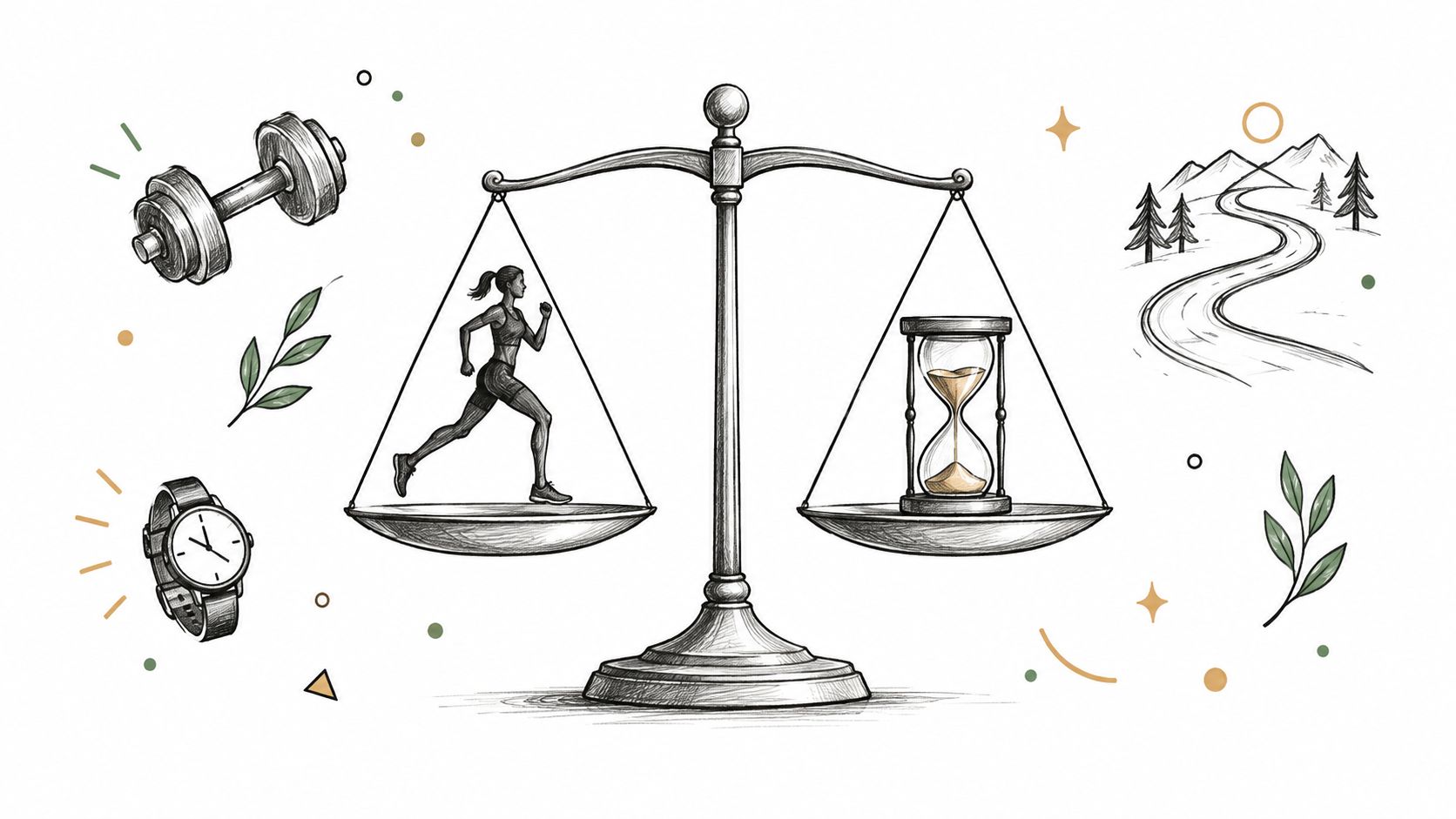 Une balance symbolique illustrant l'équilibre entre la pratique sportive de l'ultra-trail et la gestion du temps.