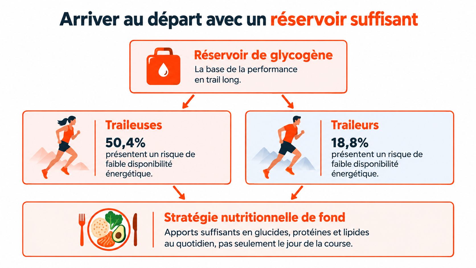 Infographie montrant l'importance des réserves de glycogène et d'une bonne nutrition pour les traileurs et traileuses.