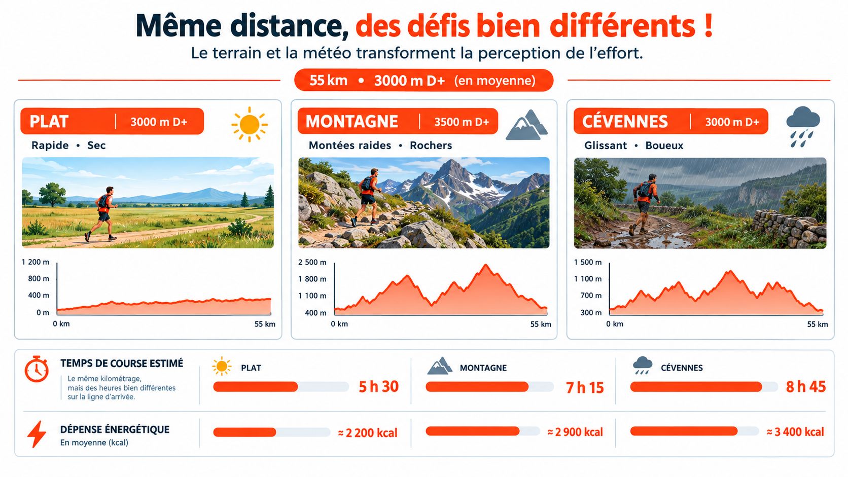 Infographie comparant l'effort physique pour un ultra-trail de 55 km selon le terrain et la météo.