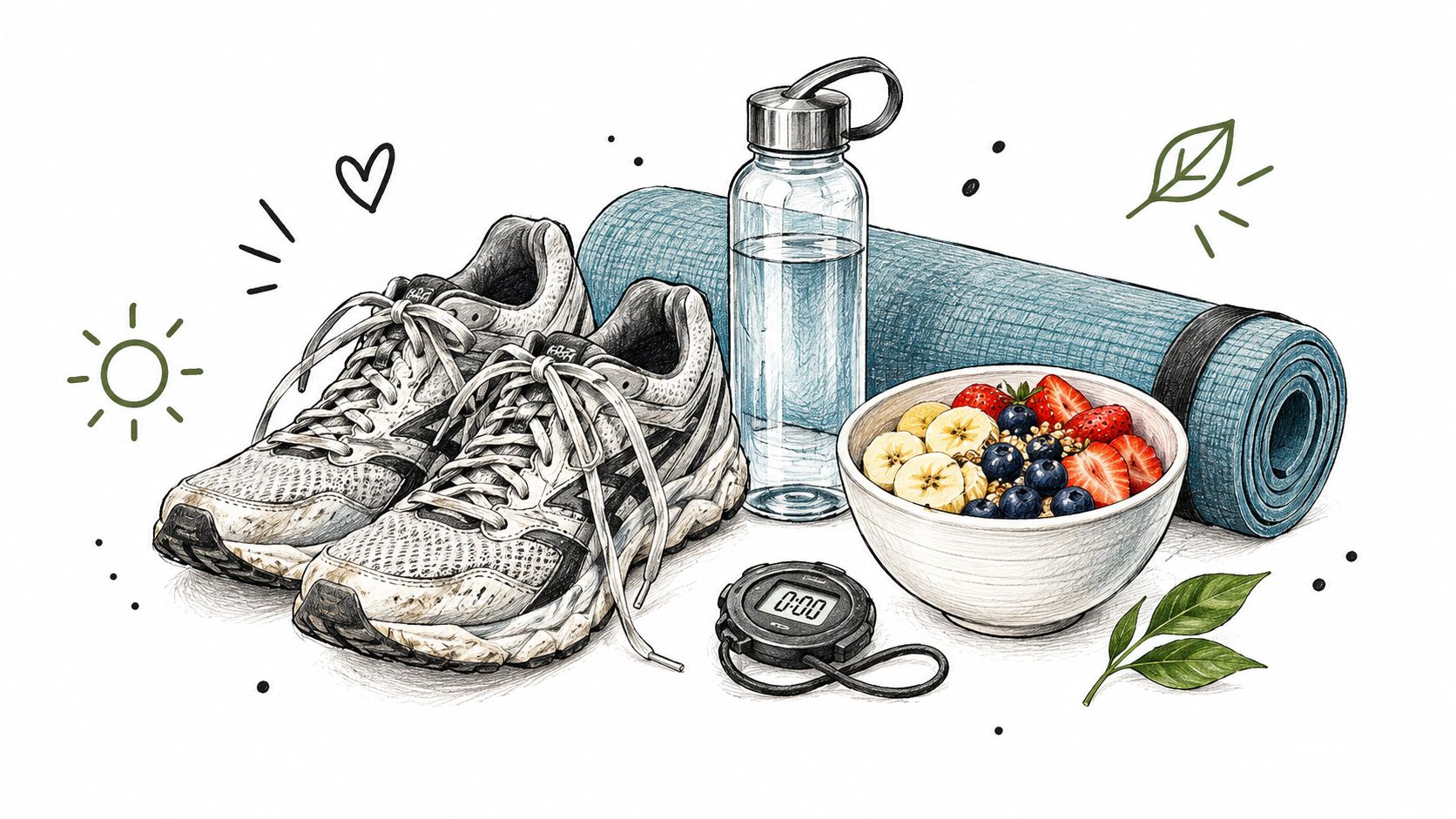 Chaussures de sport, tapis de yoga, bouteille d'eau et bol de fruits pour un mode de vie sain.