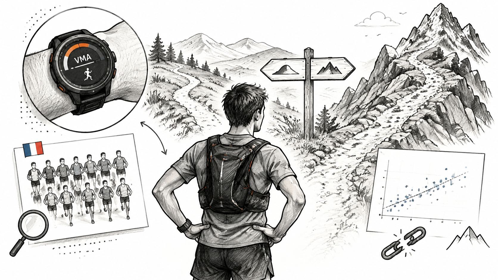 Un coureur de trail regarde un sentier avec une montre montrant sa VMA et des statistiques.