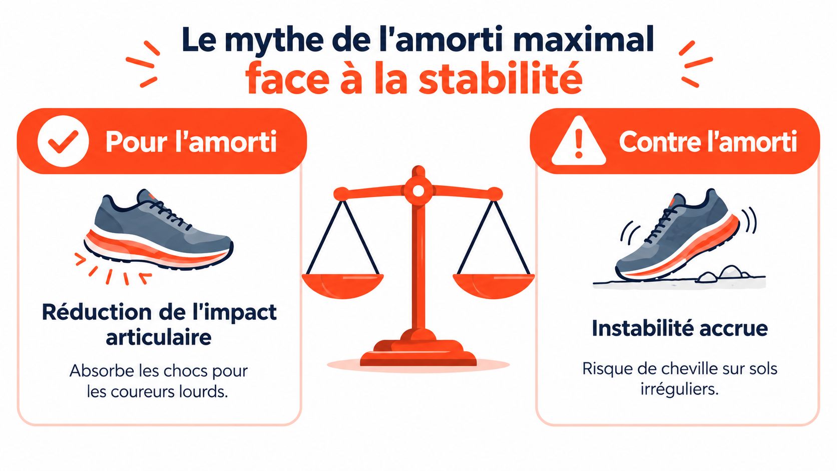 Infographie comparant l'amorti et la stabilité pour le choix d'une chaussure de running pour coureur lourd.