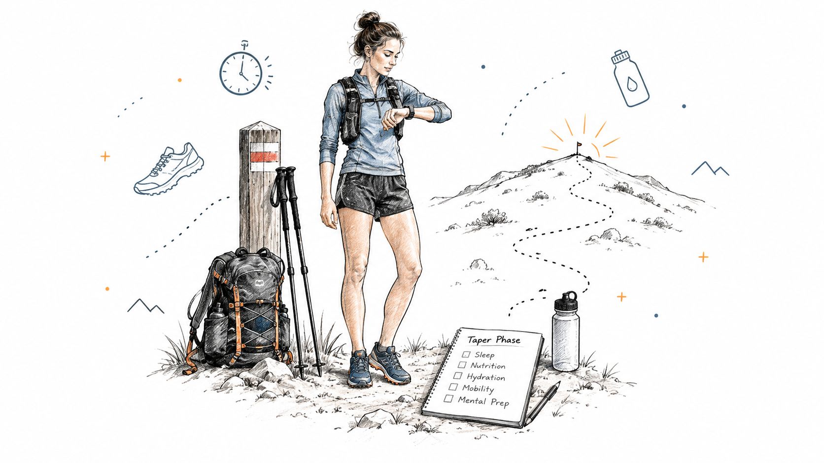 Une coureuse de trail consulte sa montre devant une liste de contrôle pour sa phase de préparation.