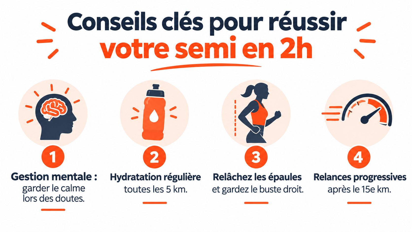 Une infographie avec quatre conseils essentiels en français pour réussir un semi-marathon en moins de deux heures.