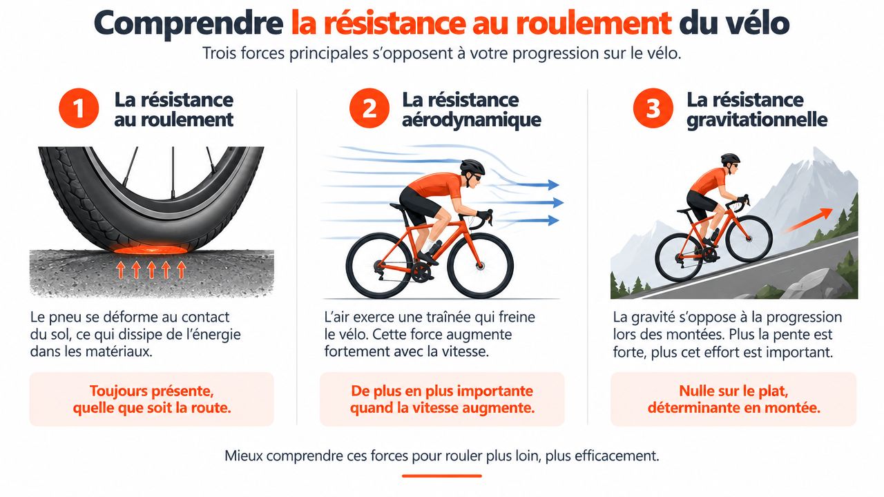 Infographie illustrant les trois forces principales s'opposant à la progression d'un cycliste : roulement, aérodynamisme et gravité.