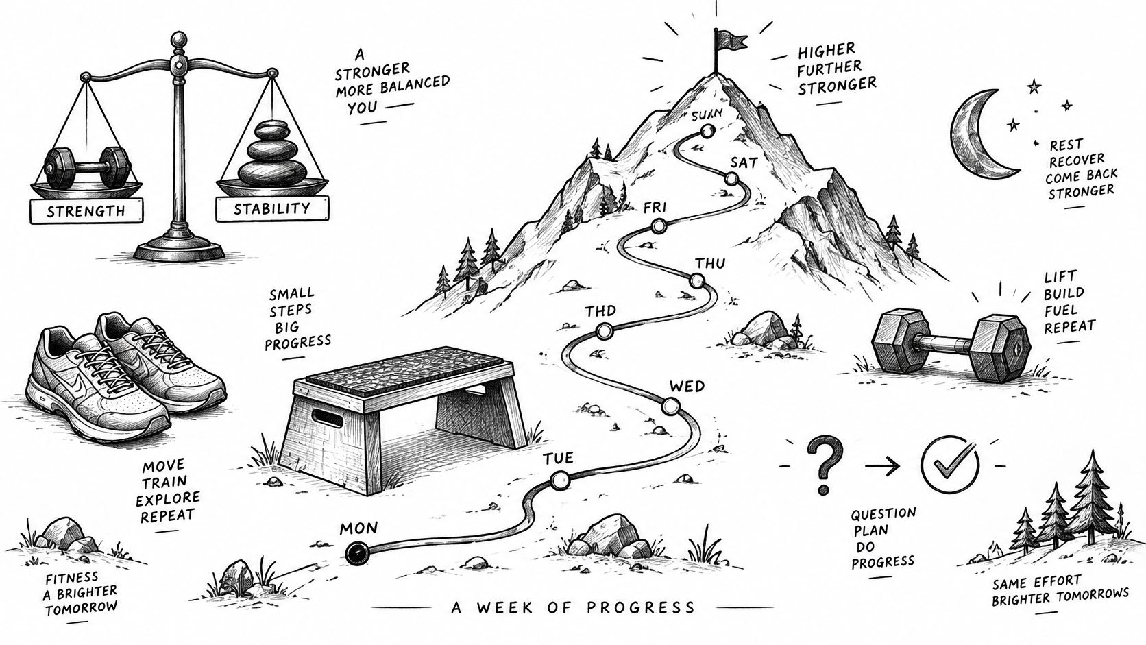 Une illustration conceptuelle montrant un chemin vers un sommet représentant une semaine de progression physique et équilibrée.
