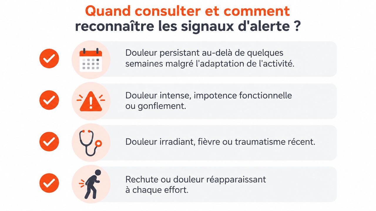 Liste des signes d'alerte indiquant quand il est nécessaire de consulter un professionnel de santé pour une douleur.