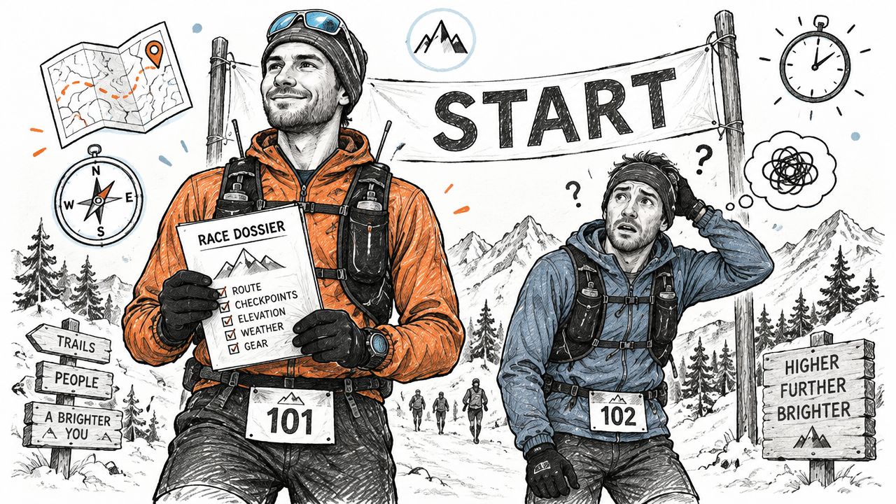 Deux coureurs de trail au départ d'une course, l'un est préparé et confiant, l'autre est confus.