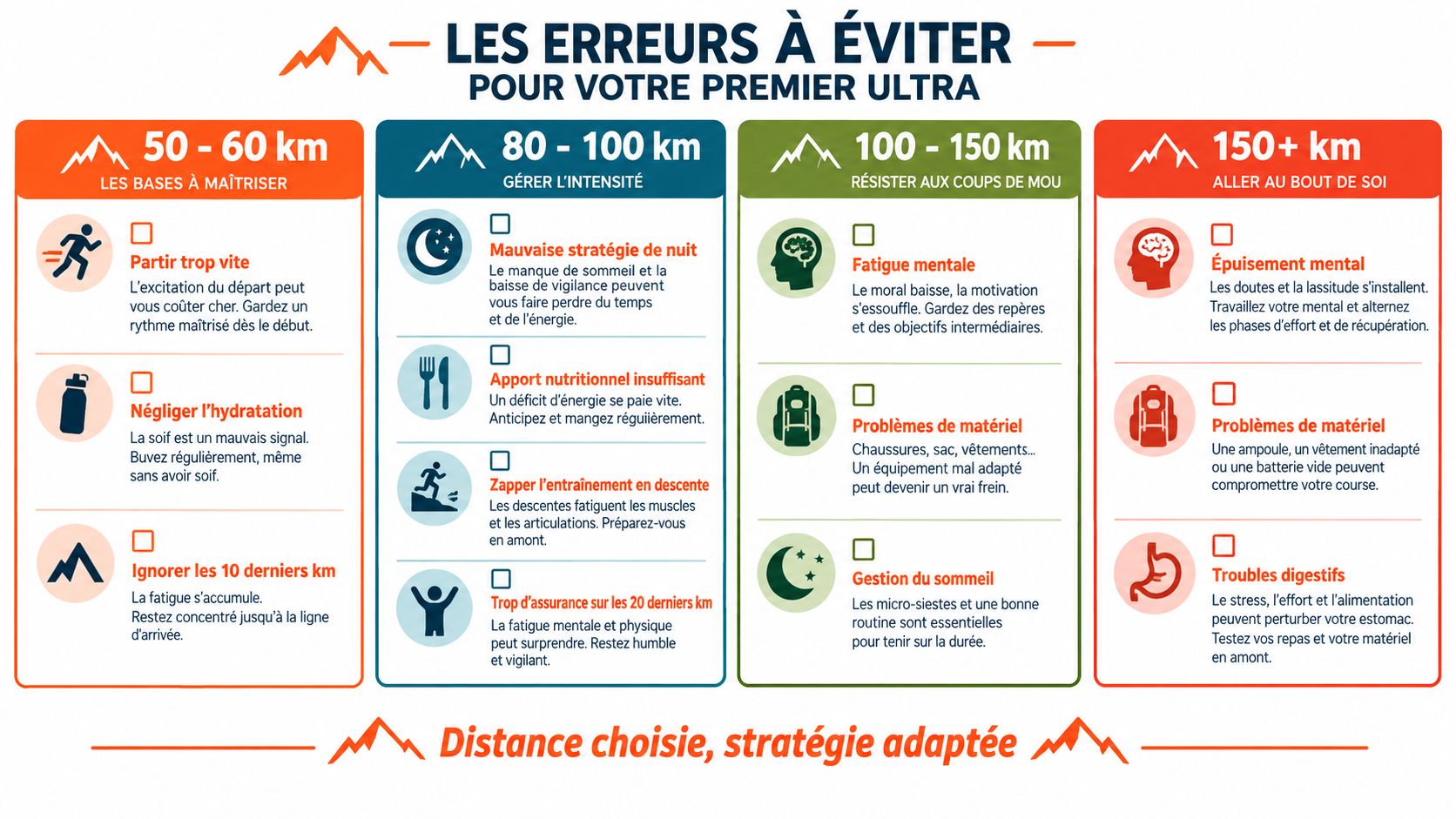 Infographie présentant les erreurs courantes à éviter pour réussir son premier ultra-trail selon la distance parcourue.