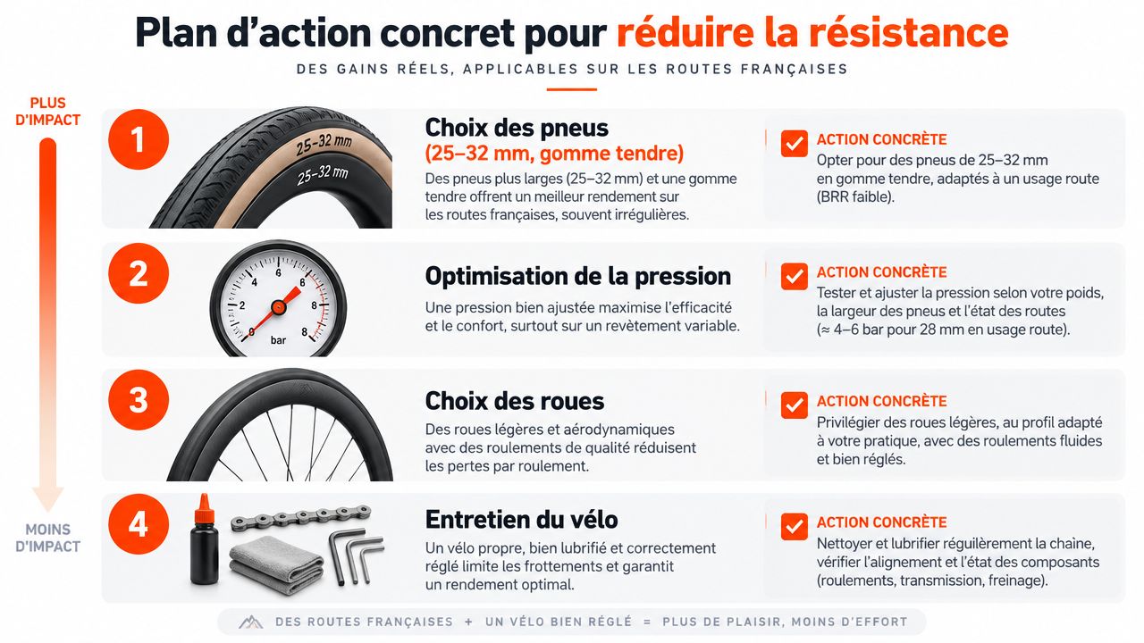 Infographie détaillant quatre conseils pratiques pour réduire la résistance au roulement d'un vélo sur les routes.