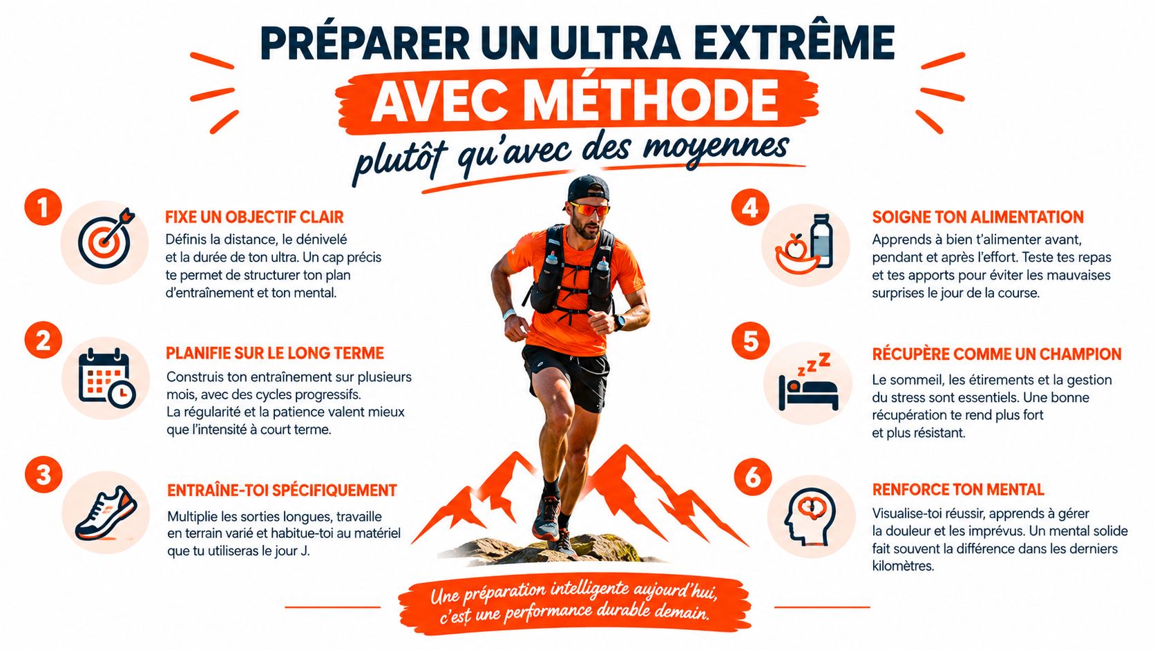 Une infographie montrant les six étapes clés pour bien se préparer à une course d'ultra-trail longue distance.