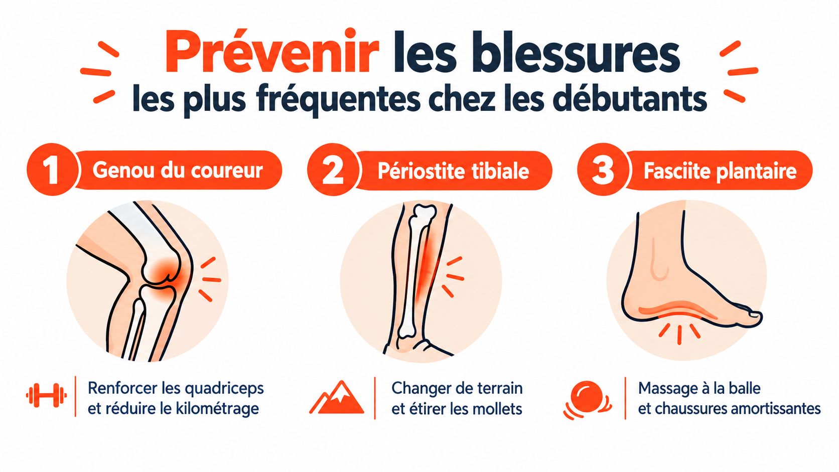 Infographie illustrant trois blessures courantes chez les débutants en course à pied et leurs moyens de prévention.